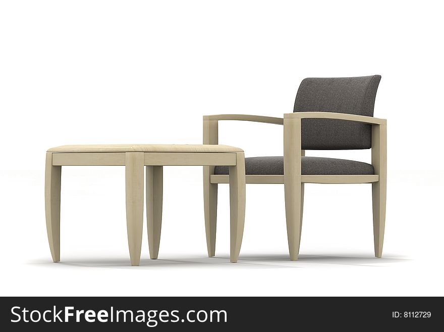 Armchair and coffee table on light background. Armchair and coffee table on light background