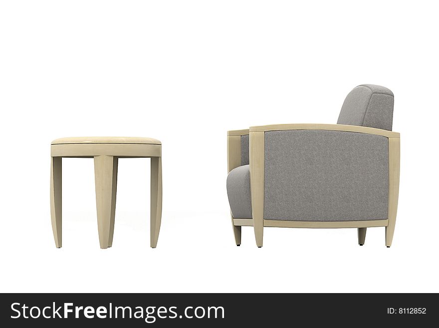 Armchair and coffee table on light background. Armchair and coffee table on light background