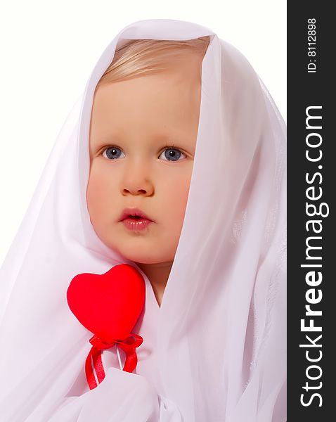 Girl with a red heart on a white background. Girl with a red heart on a white background