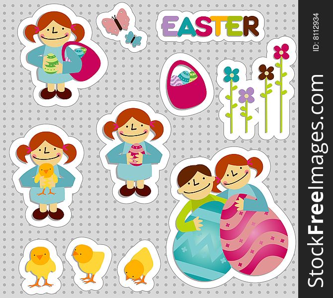 Set of easter stickers with elements like a girl, a boy, chickens, rabbit, flowers, basket, easter eggs, gift and butterflies. Set of easter stickers with elements like a girl, a boy, chickens, rabbit, flowers, basket, easter eggs, gift and butterflies
