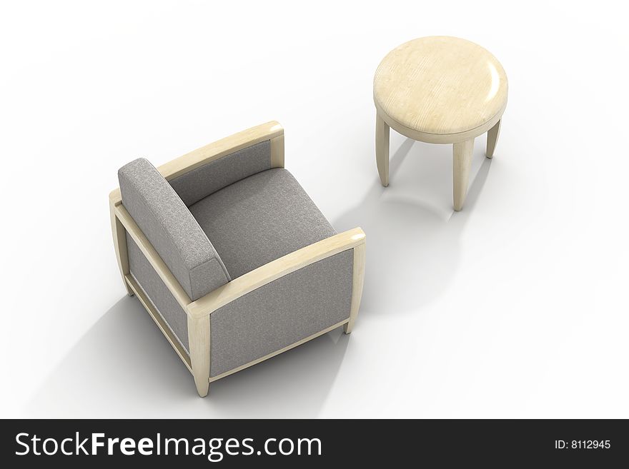 Armchair and coffee table on light background. Armchair and coffee table on light background