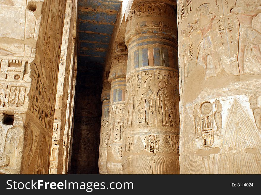 Colored ancient egyptian columns in Habu temple