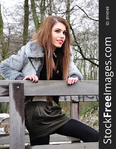 Female model standing on a bridge over a stream. Female model standing on a bridge over a stream