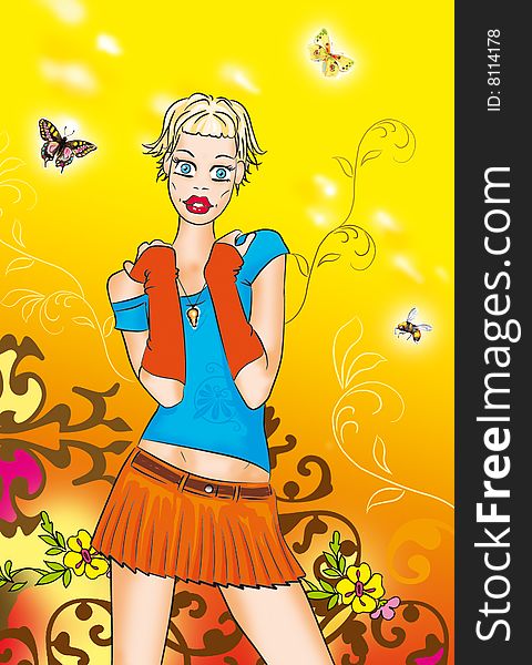 The art illustration (raster drawn) of the girl on the yellow background with bee and butterflies