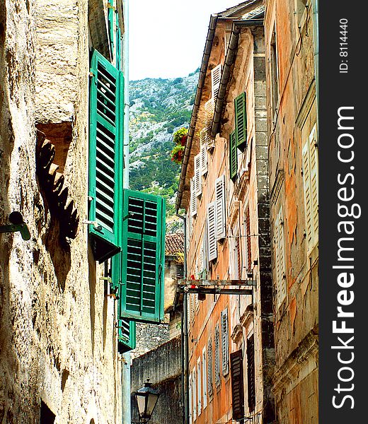 A narrow street in the Old Town of Kotor, Montenegro. A narrow street in the Old Town of Kotor, Montenegro.