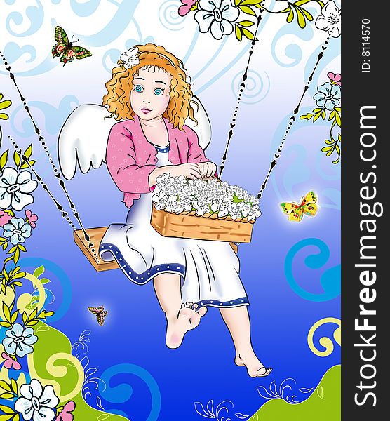 Illustration of girl with angel\s wings,flowers and white dress