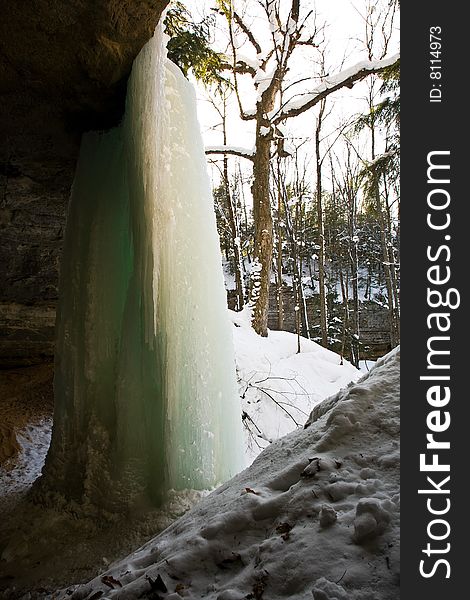 Frozen Waterfall Ice Column In Michigan's Upper Peninsula