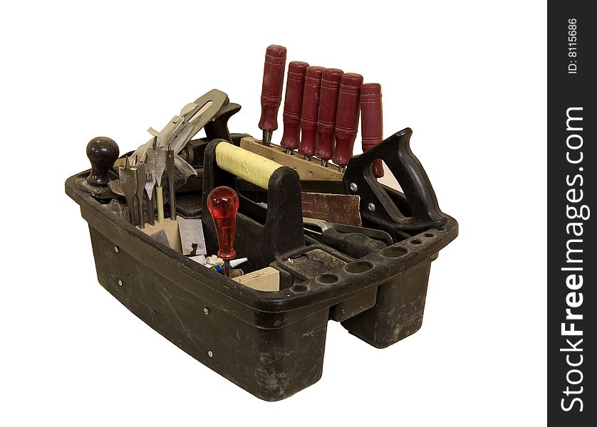 A used toolbox on a white background. A used toolbox on a white background