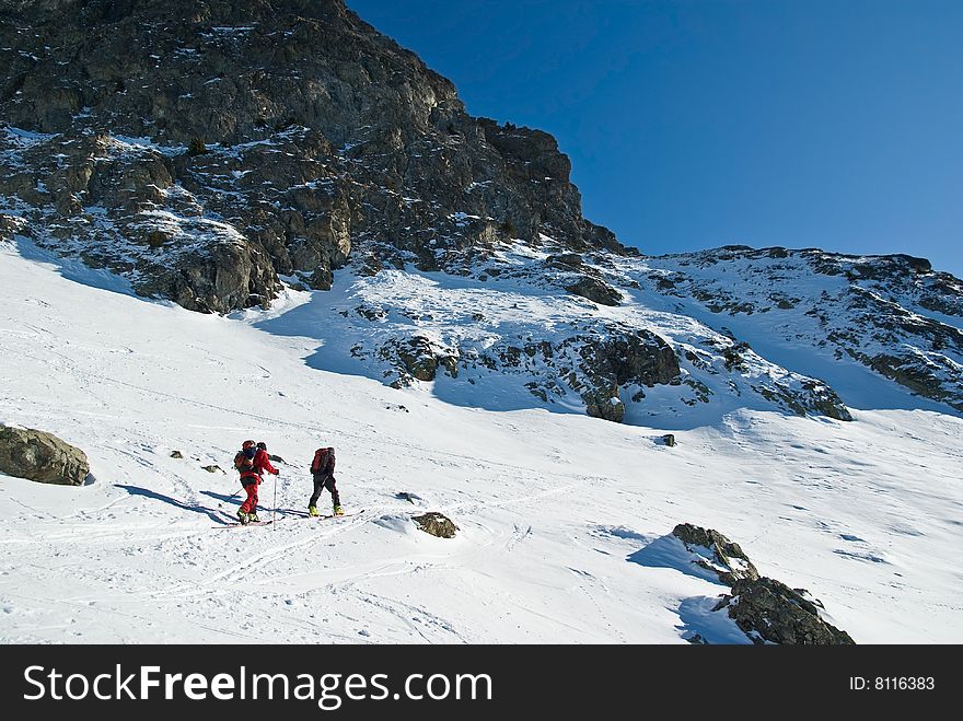 Two men skiing in french alps. Two men skiing in french alps