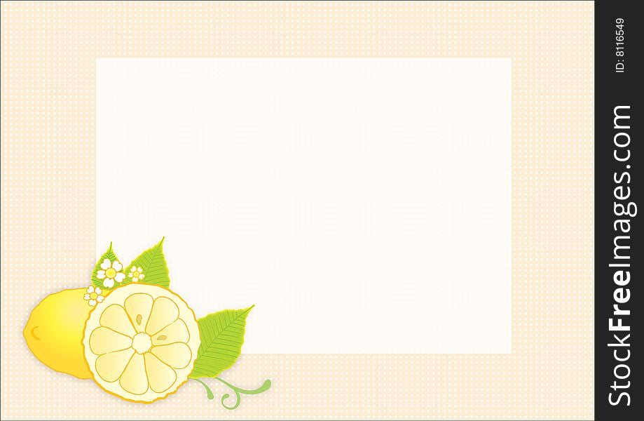 Background with lemon and leaves in the bottom. Background with lemon and leaves in the bottom