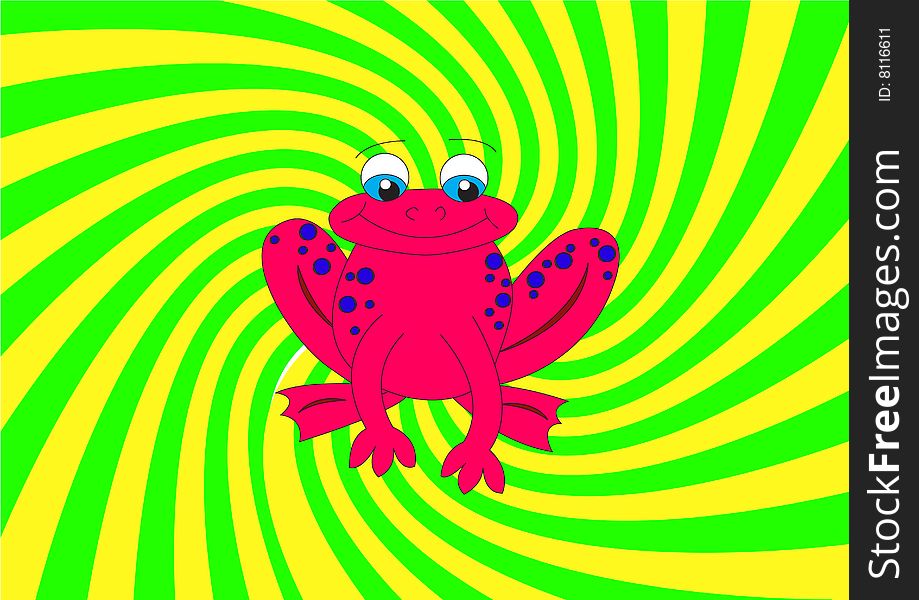 Pink cute frog on yellow and green retro background. Pink cute frog on yellow and green retro background