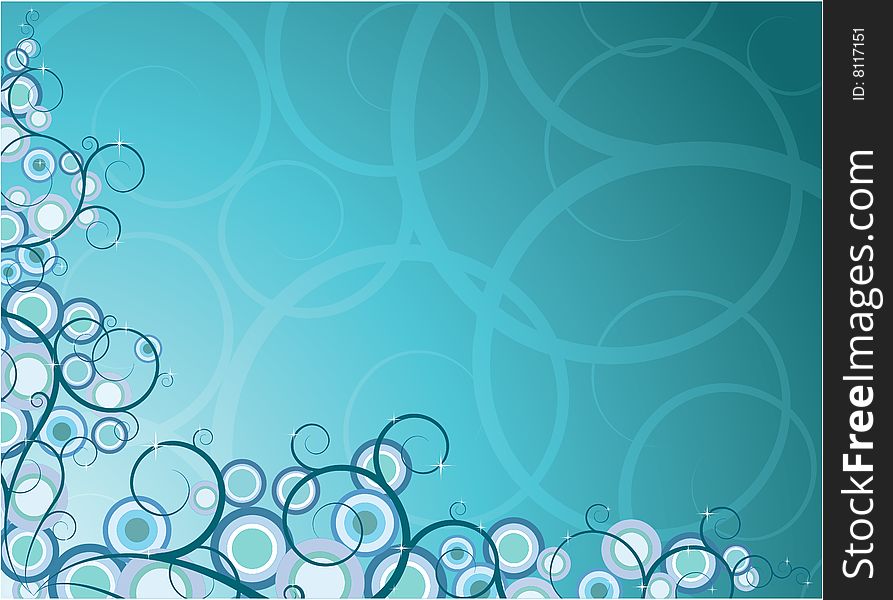 Abstract blue background with ornate scroll.