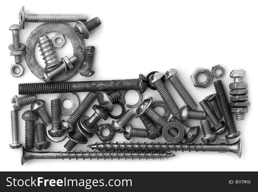 Corner of the stylised frame from various hardware of nuts of bolts of screws. Corner of the stylised frame from various hardware of nuts of bolts of screws