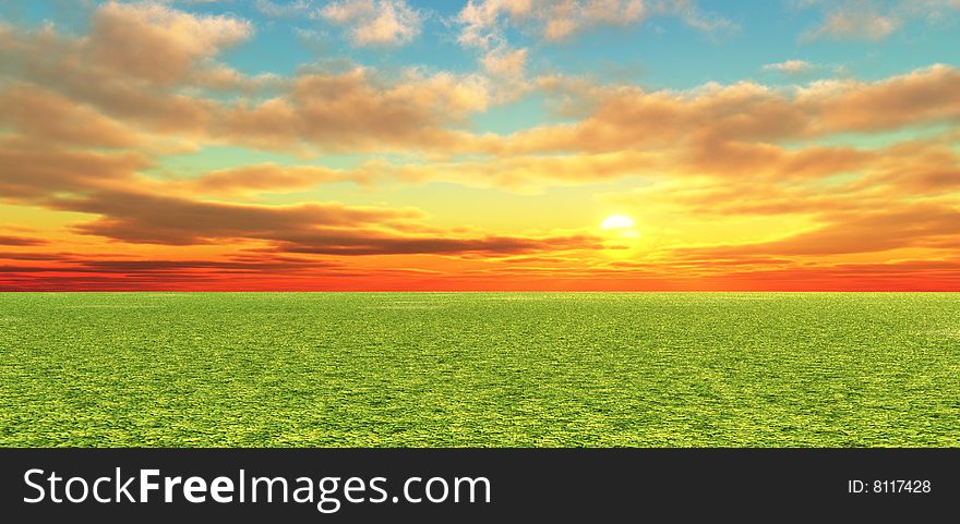 Beautiful summer sunset. 3d image. Beautiful summer sunset. 3d image