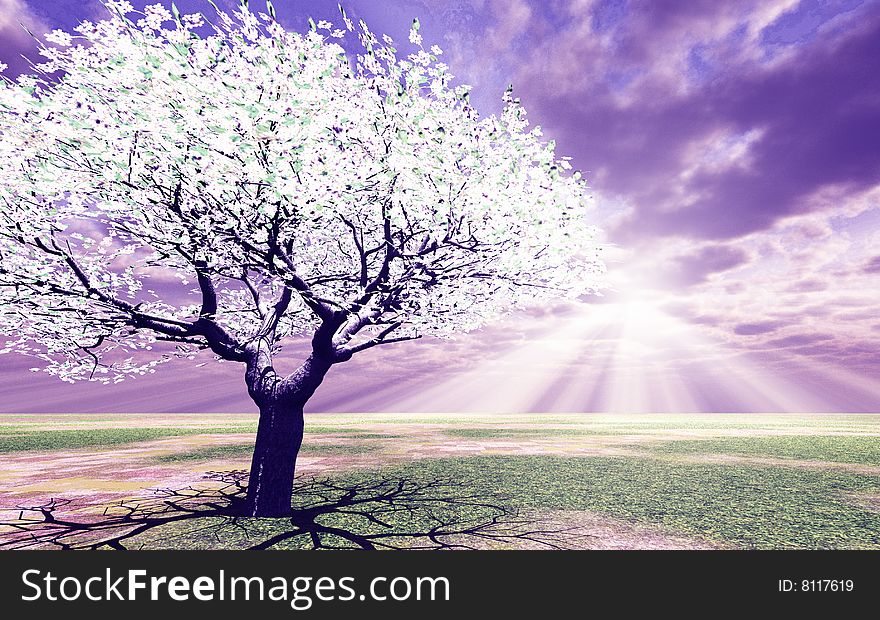 Blossoming tree in the god rays