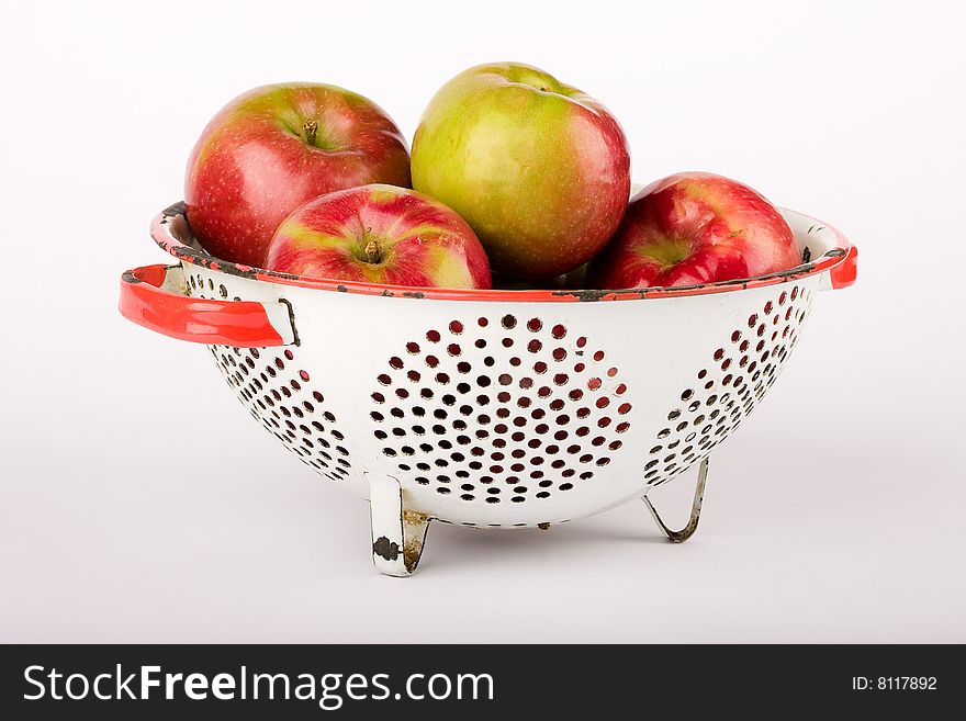 Red apples in vintage colander. Red apples in vintage colander