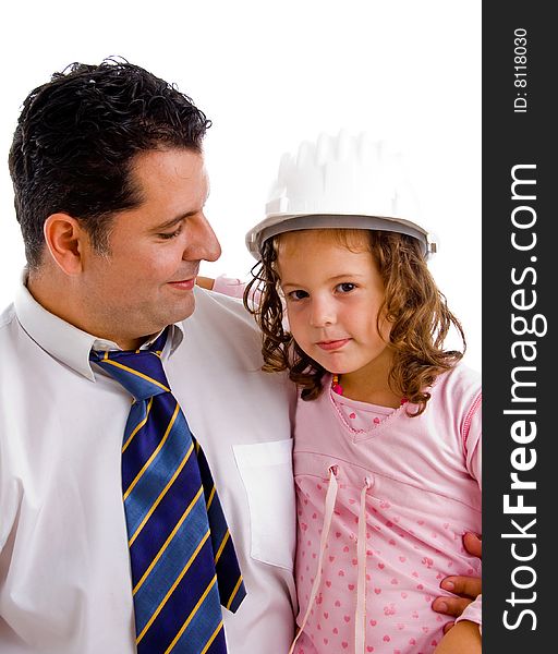 Caring father posing with his cute daughter on an isolated white background. Caring father posing with his cute daughter on an isolated white background