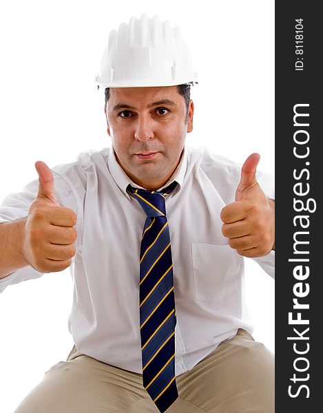 American architect with good luck hand gesture isolated with white background. American architect with good luck hand gesture isolated with white background