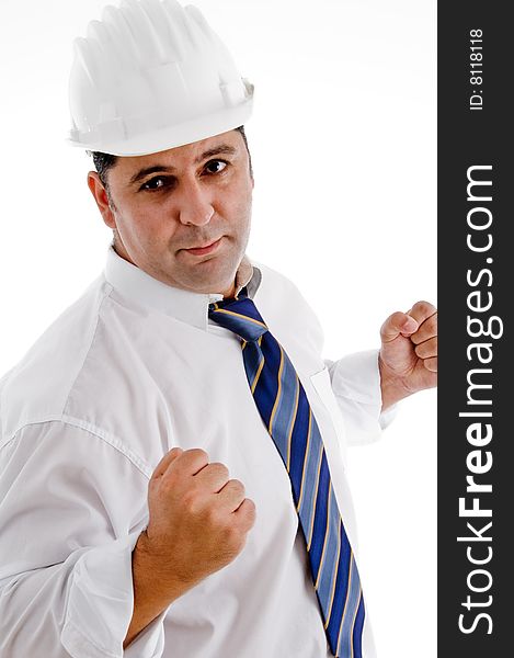Successful architect with helmet on an isolated white background