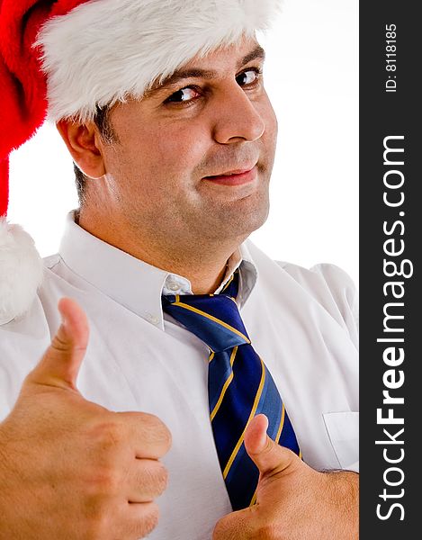 Executive posing with good luck hand gesture on an isolated white background. Executive posing with good luck hand gesture on an isolated white background