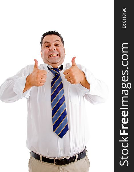 Businessman with his thumbs up and facial expressions on an isolated white background