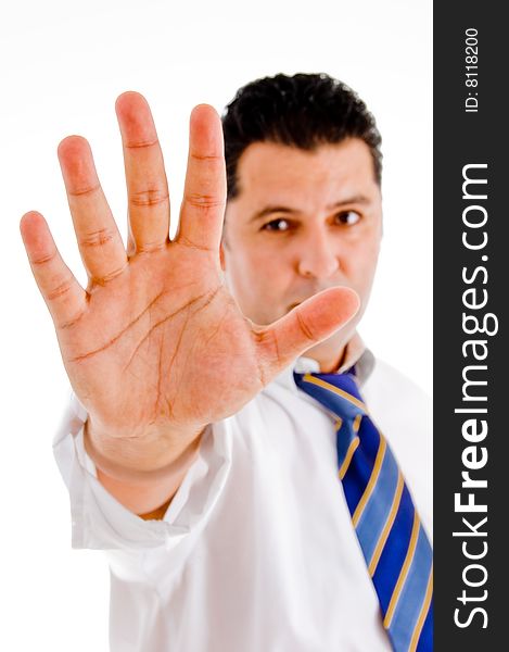 American executive with stopping hand isolated with white background