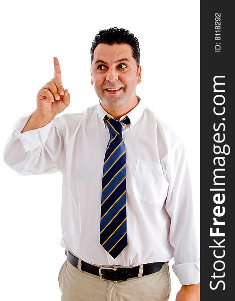 Satisfied businessman indicating upwards on an isolated white background