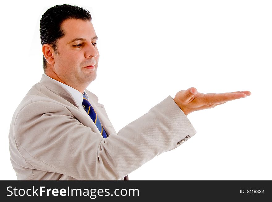 Handsome businessman with hand gesturing against white background