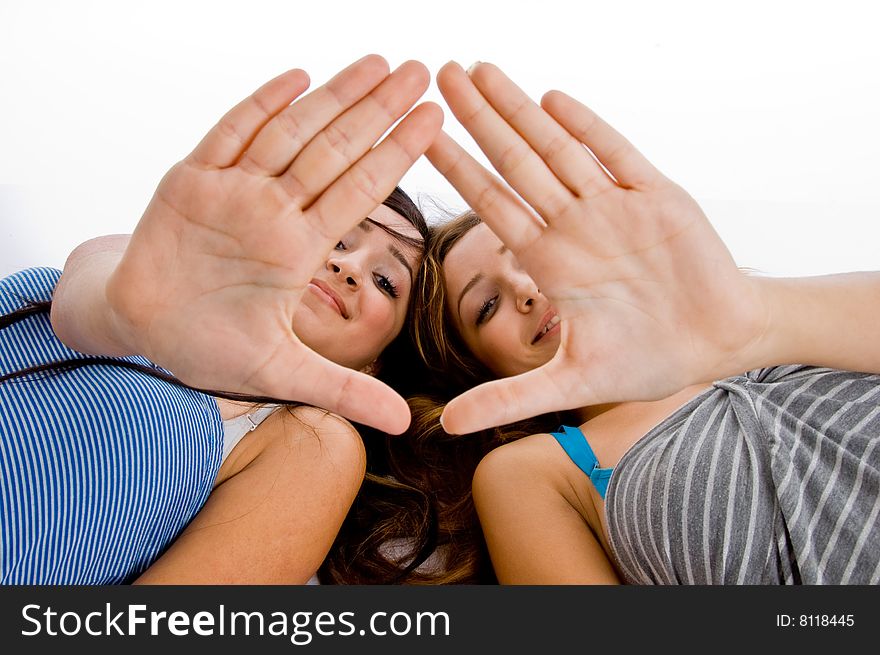 Caucasian girls showing hands on a white isolated background. Caucasian girls showing hands on a white isolated background