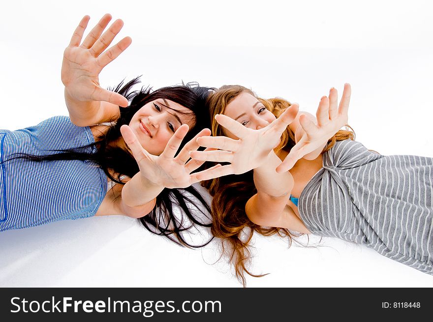 Caucasian girls showing her hands on a white isolated background