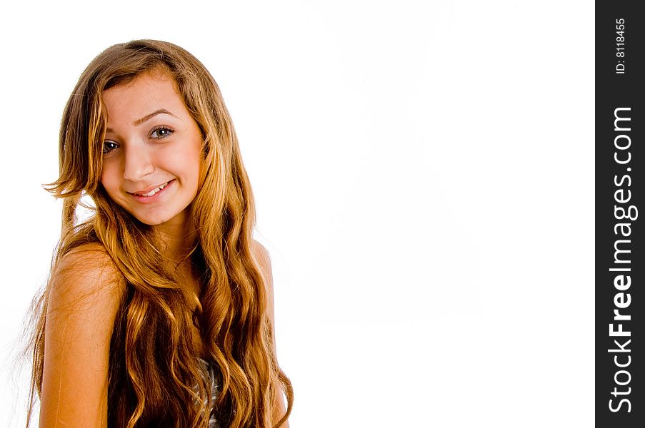 Happy blonde girl looking to camera on a white isolated background. Happy blonde girl looking to camera on a white isolated background