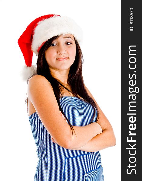 Young model wearing christmas hat on an isolated background