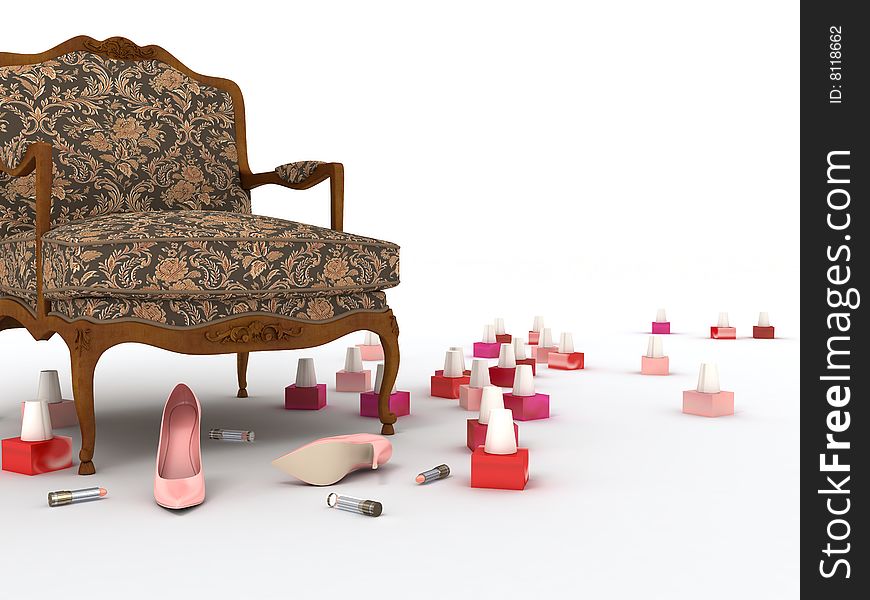 Armchair, pink shoes, colour lipstick and varnish on light background