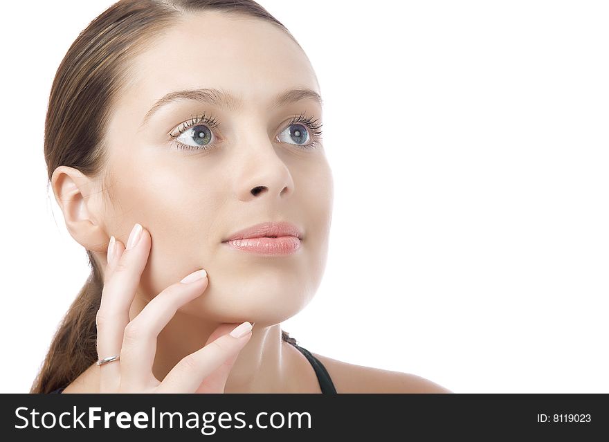 High key portrait of beautiful  young woman on white back