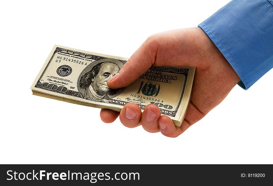 A hand holding money on white background.