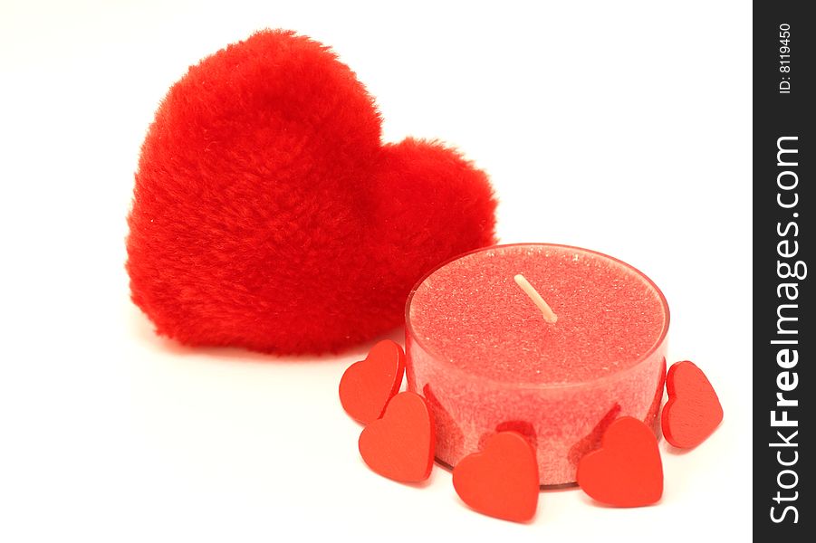 Candlestick and red  hearts on white background. Candlestick and red  hearts on white background