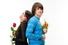 Young Couple With Rose And Tulips Stock Photo Young Couple With Rose And Tulips Stock Photo