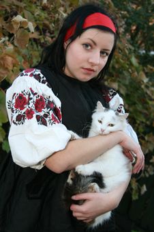 Village Girl With A Cat Royalty Free Stock Image Village Girl With A Cat Royalty Free Stock Image
