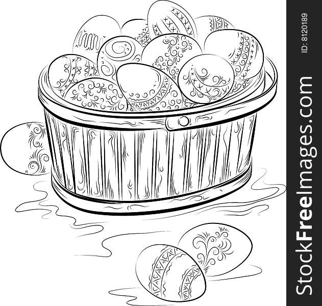 Vector Easter. Drawing of the basket with eggs