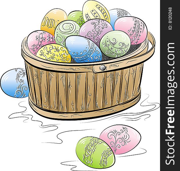 Vector Easter. Drawing of the basket with eggs