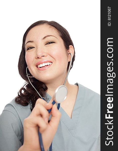 Friendly, smiling nurse listening with a stethoscope. Friendly, smiling nurse listening with a stethoscope