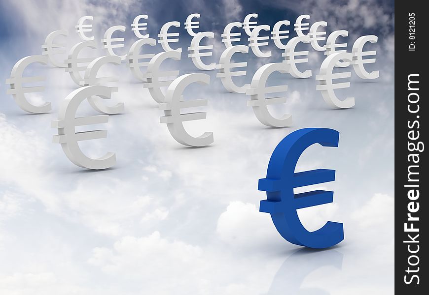 Euro symbols symbolise the 27 countries of the eu in a sky background