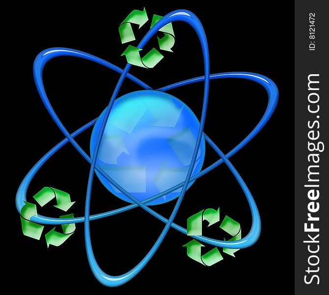 Atom with ecology symbol on black background. Atom with ecology symbol on black background