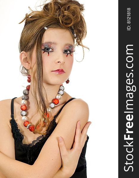 Young fashion girl with special eye makeup, jewelry and black top. Young fashion girl with special eye makeup, jewelry and black top