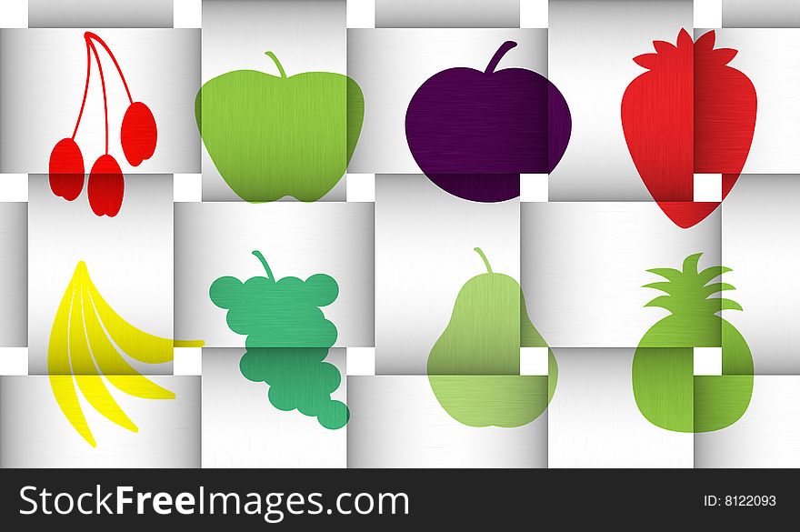 Brightly coloured illustrations of fruit from around the world against a 3d effct weave pattern. Brightly coloured illustrations of fruit from around the world against a 3d effct weave pattern.