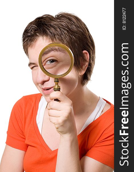 Eye and magnifying glass on a white background