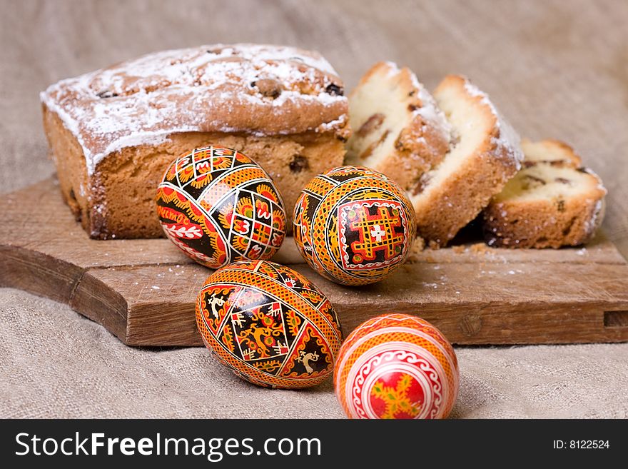 Celebratory dish with easter eggs and cake