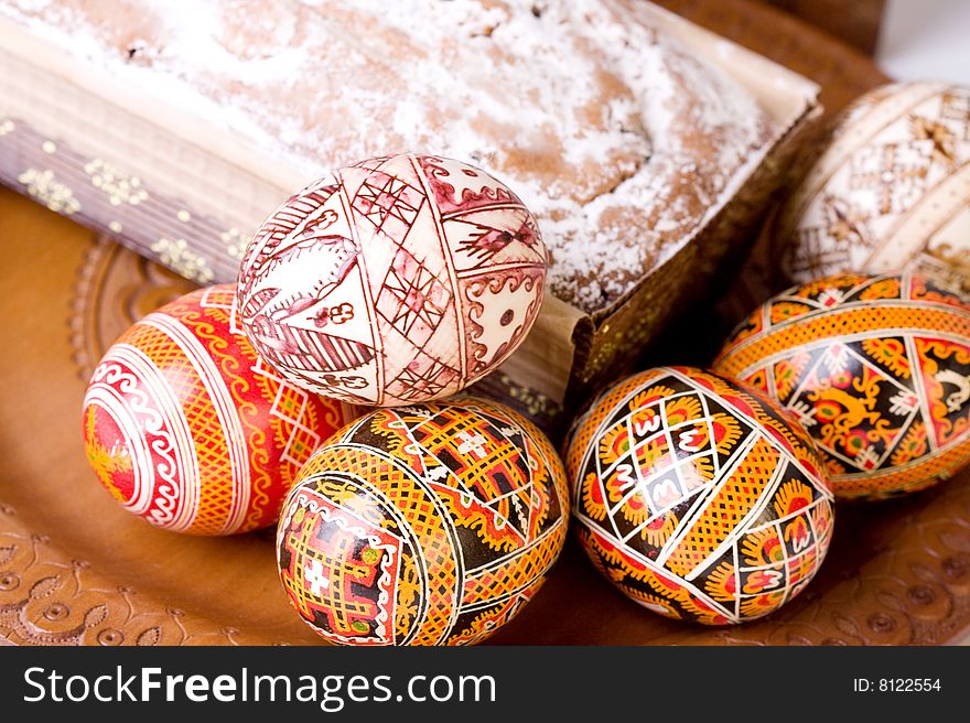 Celebratory dish with easter eggs and cake