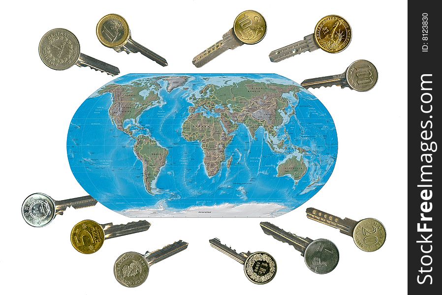 Globe and worldwide financial latchkeys, isolated, on white. Globe and worldwide financial latchkeys, isolated, on white.