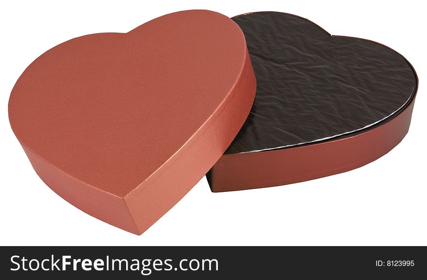 Open heart shaped golden chocolate box isolated